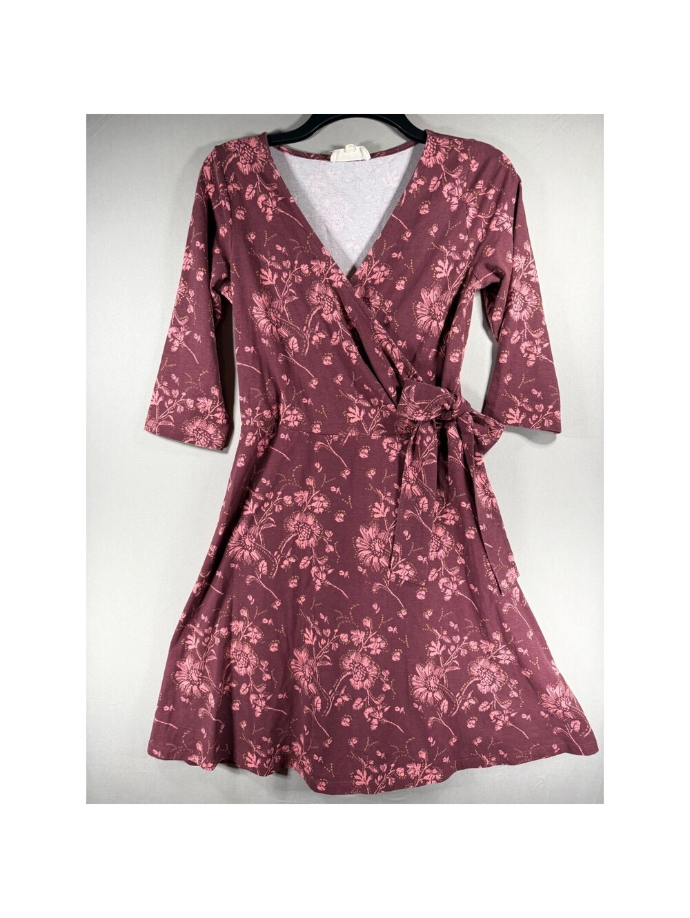 Synergy Organic Clothing Burgundy Floral Faux Wrap Dress 3/4 Sleeve Small